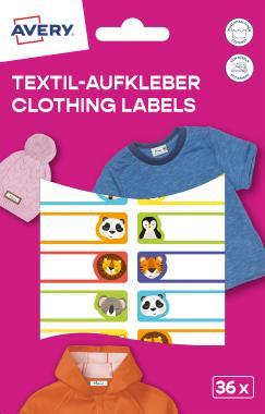 Avery ISKOLAI kézzel írható textil öntapadós 45 mm x 13 mm címkék – állatos, 36 címke/2 ív