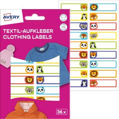 Avery ISKOLAI kézzel írható textil öntapadós 45 mm x 13 mm címkék – állatos, 36 címke/2 ív