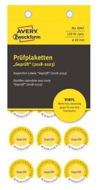 Avery időjárásálló öntapadó plakett Geprüft 2018-2023 Ø 20 mm - sárga