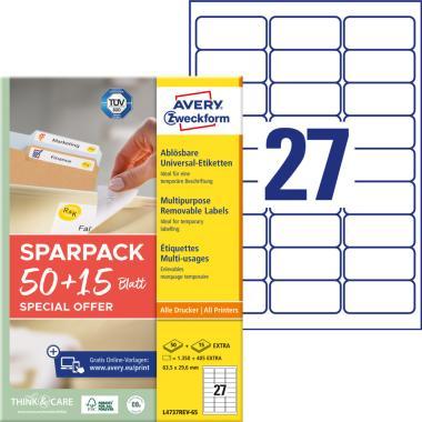 Avery univerzális visszaszedhető címke 63,5 x 29,6 mm 50+15 lap promo