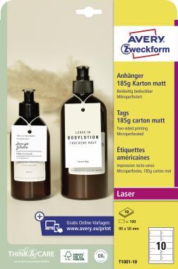 Avery függő címke karton, mikroperforált 185g 90x50mm 10 lap