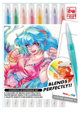 Pentel ecsettoll kétvégű Brush Sign Pen Twin Manga rajzkészlet - 8 szín + 1 db víztartályos ecset